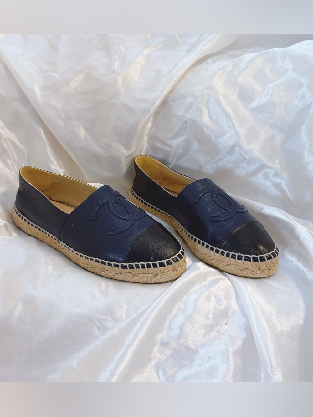 Chanel navy blue and black lambskin leather CC cap-toe espadrilles